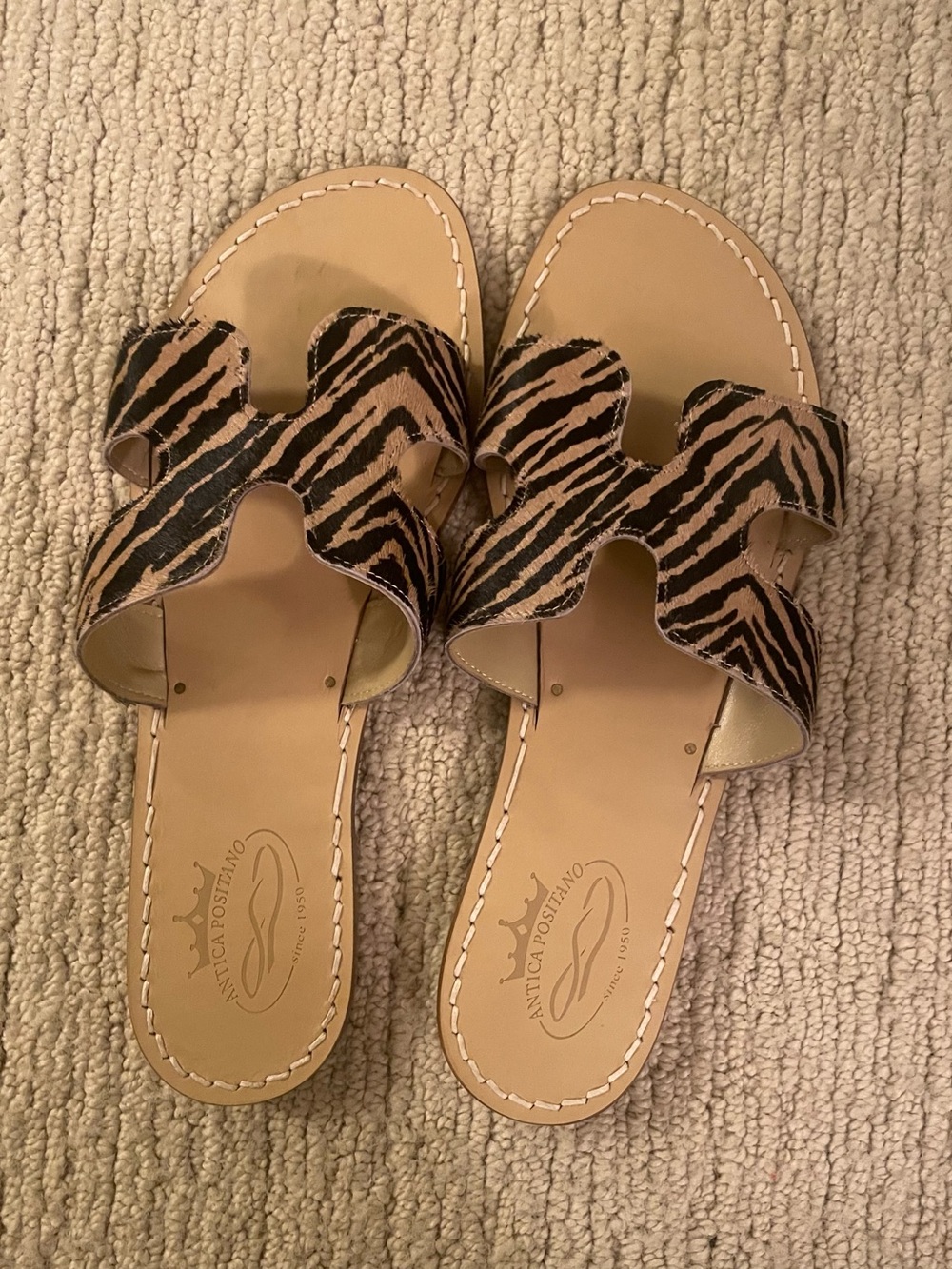 NWOT: Italian made  Tan and Black Zebra-Print Slide Sandals: Size 40